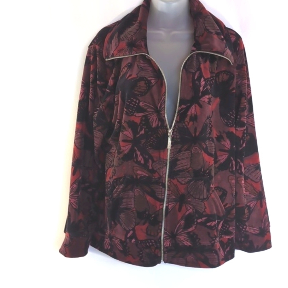 Style &  Co Sport Zip Up Velvet Top Red Purple Black Pattern Size XLP